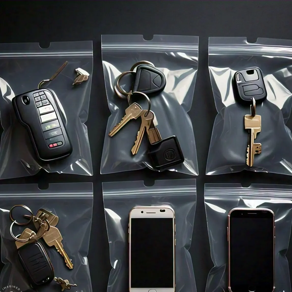 llaves y celulares dentro de bolsas de cierre hermético